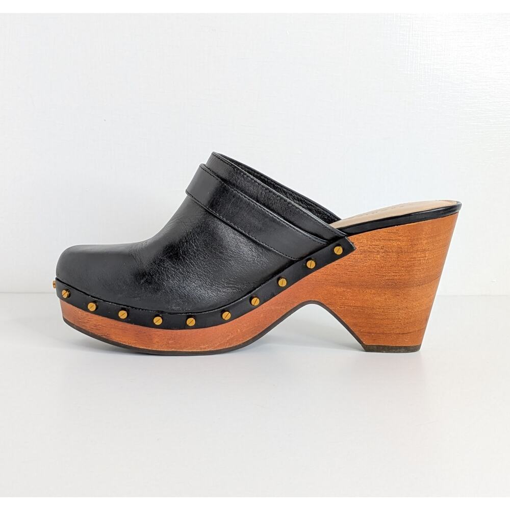 Veronica Beard Hendrix Platform Clogs 9 Black Leather Wood Heel Slip On Mules - Picture 10 of 16